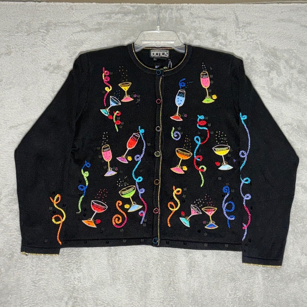 Berek By Takako Sakon L Black Novelty Cardigan Cocktail Wine Party Embroidered